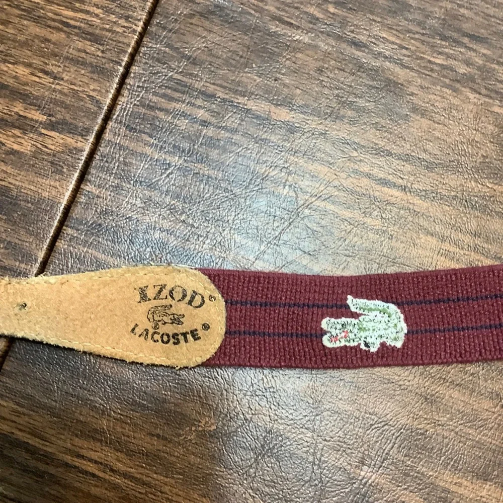 Vtg Izod Lacoste Mens Belt‎ 36 Burgundy Maroon Canvas Leather Stripe Surcingle
